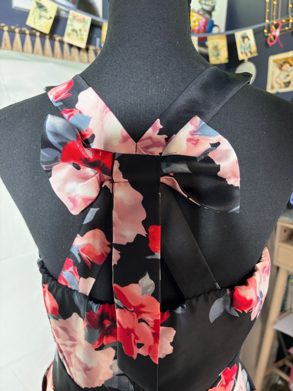 Trixxi Floral Halter Fit & Flare Dress Decorative Bow Back Black Pink Small - Picture 3 of 7